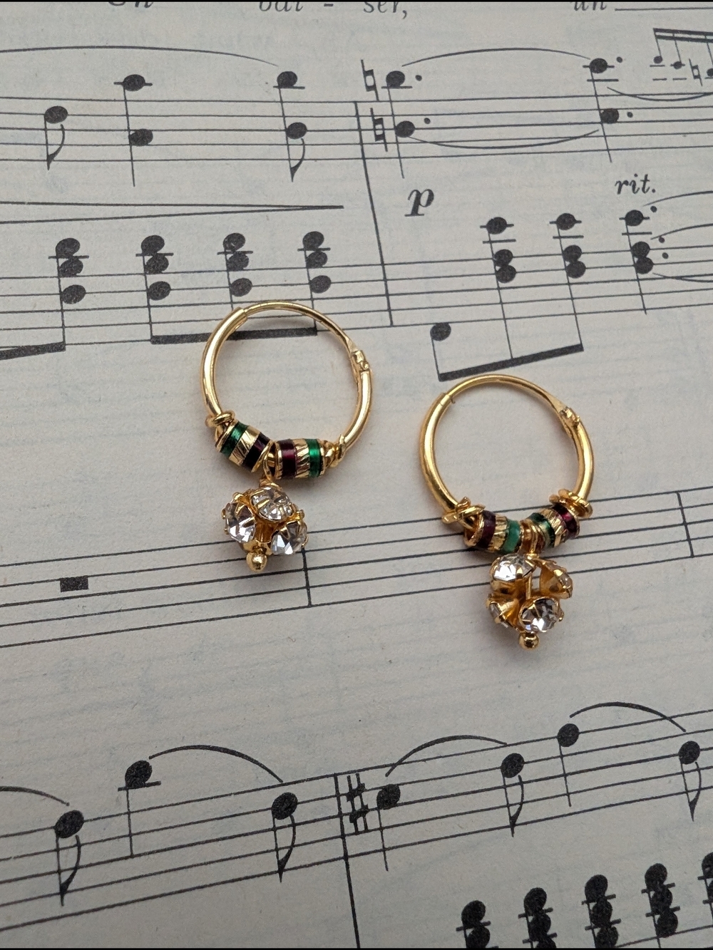 Gold Hoop Earrings with Green and Red Bead Accents